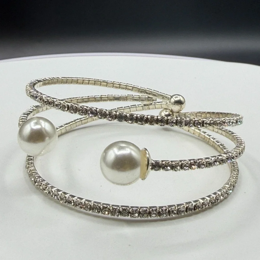 Clear Rhinestone Faux Pearl Silver Tone Triple Row Cuff Wrap Bracelet Bridal